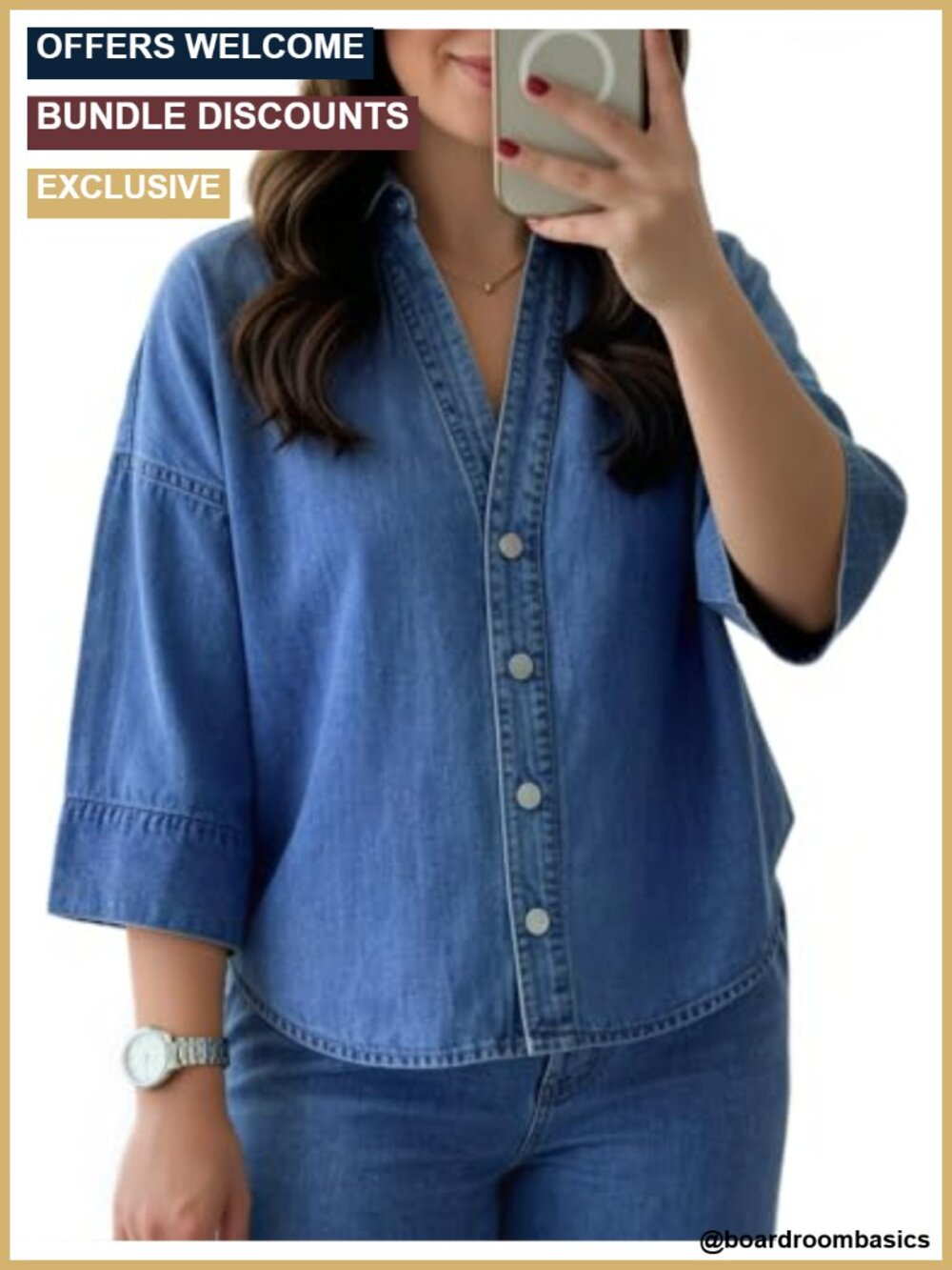 Washed Cotton Denim Button Down Shirt Oversized Tunic 3/4 Sleeve